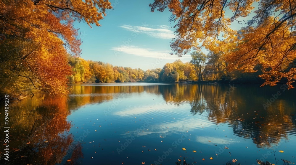 Vibrant fall foliage reflects on the still waters of a forest lake, creating a tapestry of autumn colors in a tranquil natural setting. Resplendent.