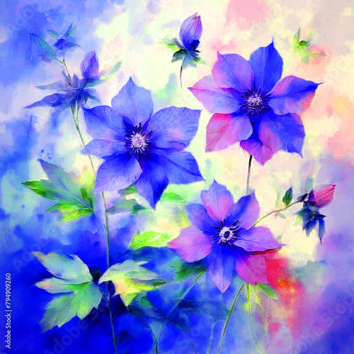 Floral colourful bloomy vibrant watercolour oil painting splash colour of borage flowers