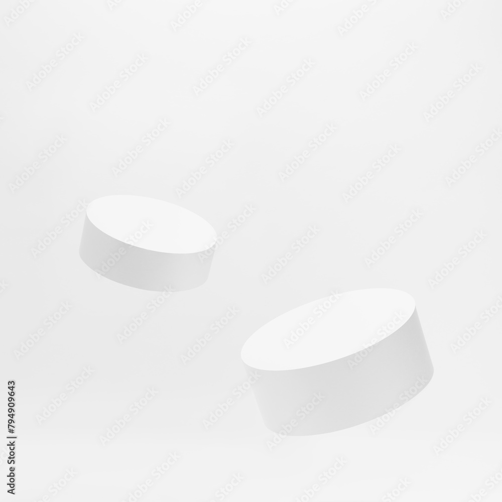 Set of two round tilt white pedestals mockup for cosmetic products, fly on white background. Scene for presentation skin care products, gifts, advertising, sale, design, showing in elegant style. Set of two round tilt white pedestals mockup for cosmetic products, fly on white background. Scene for presentation skin care products, gifts, advertising, sale, design, showing in elegant style.
