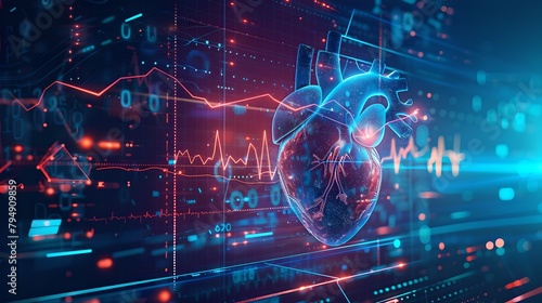 Futuristic Digital Heart Interface with Graphs. Healthcare Technology Concept Illustration. Modern Medical Visualization. Cybernetic Organ Artwork. AI
