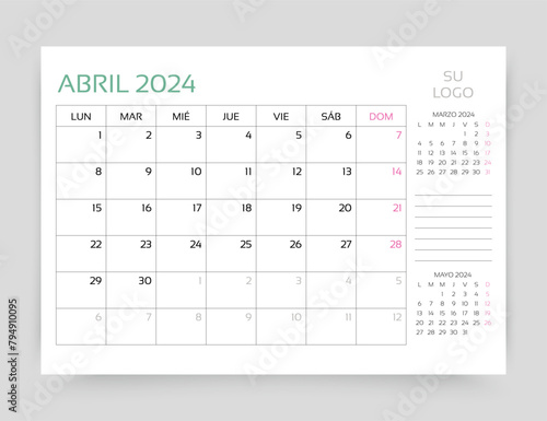 April 2024 year calendar in Spanish. Planner calender template. Week starts Monday. Spain monthly organizer. Timetable layout. Corporate table schedule grid. Vector simple illustration. Paper size A5