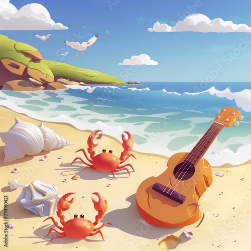 A cheerful ukulele on a sunny beach strums lively tunes  inviting seashells and crabs to dance along the sandy shores a vibrant music cartoon concept
