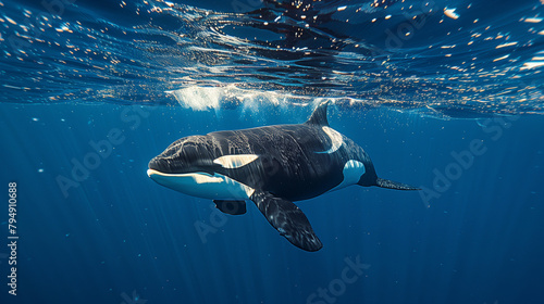 orcas or killer whales in Kvænangen fjord in Norway hunting for herrings. Pod of orcas swimming near the surface in the blue Pacific Ocean. a orca fish or killer whale swimming on under water of sea. © Sweetrose official 