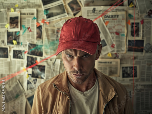 Angry man wearing red cap standing in front of wall tracking conspiracy theories