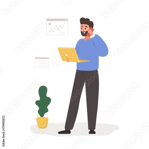 Male entrepreneur. Successful man talking on phone and holding laptop. Modern office worker or business expert. Vector illustration in flat cartoon style.