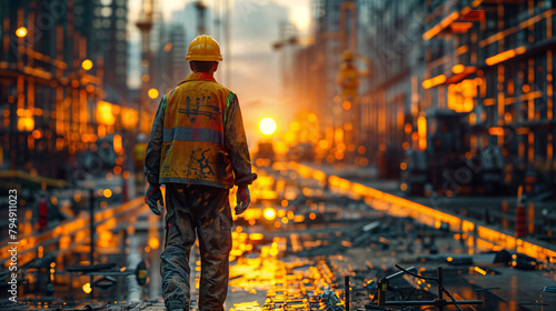 Construction worker walking in muddy construction zone at sunrise photo