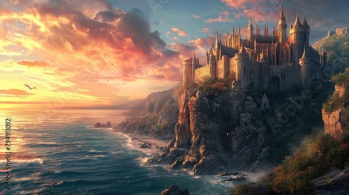 A medieval castle on a cliff overlooking the ocean, with knights and dragons. Medieval castle, cliffside setting, ocean view, knights, dragons, epic fantasy. Resplendent. photo