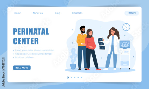 Perinatal center concept. Landing page template. Female doctor gives results of ultrasound examination. Fetus screening. Arabian family expecting for baby. Vector illustration in flat cartoon style.