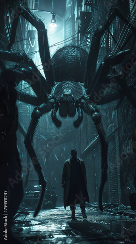 Giant spider stalks a man in a dark city alley