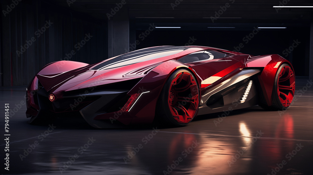 Sporty red car speeding on road with sleek design, racing concept, automatic vehicle, transport, motion, engine power, luxury, sport car