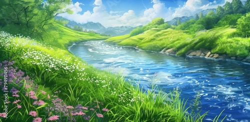 A gentle river meanders through a lush green valley, its banks dotted with wildflowers and the air filled with the sound of flowing water, kawaii, bright water color