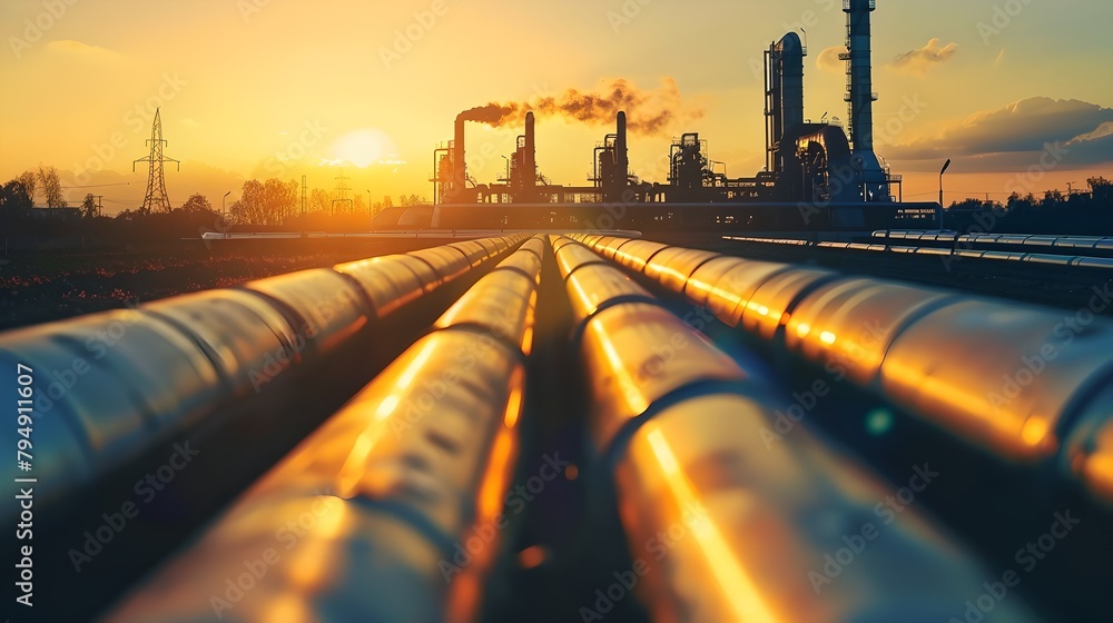 Industrial Sunset Scene with Pipeline and Factory Silhouette. Oil and Gas Industry Infrastructure. Energy Production Concept at Twilight. AI Industrial Sunset Scene with Pipeline and Factory Silhouette. Oil and Gas Industry Infrastructure. Energy Production Concept at Twilight. AI