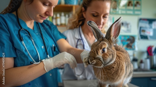 A veterinarian with a statoscope examines an animal in the clinic. Pet health care concept. Advertising background for veterinary service.