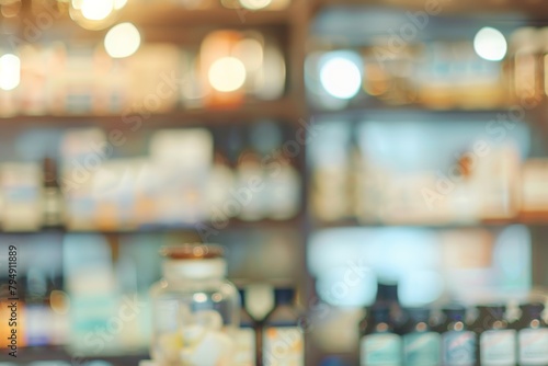 .Blurred pharmacy background with shelves full of medicine and healthcare products.