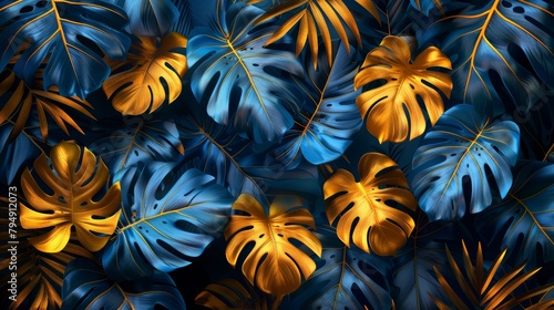 The golden art deco wallpaper has a floral pattern featuring golden split-leaf Philodendrons with monstera plants on a dark blue background. The artwork is modern. © DZMITRY