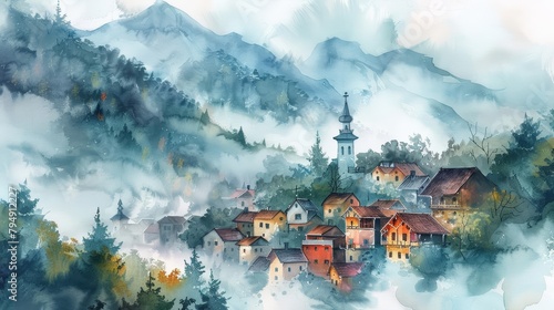 A quaint village nestles among misty hills, painted in soft watercolors, inviting wanderlust with every stroke, kawaii photo