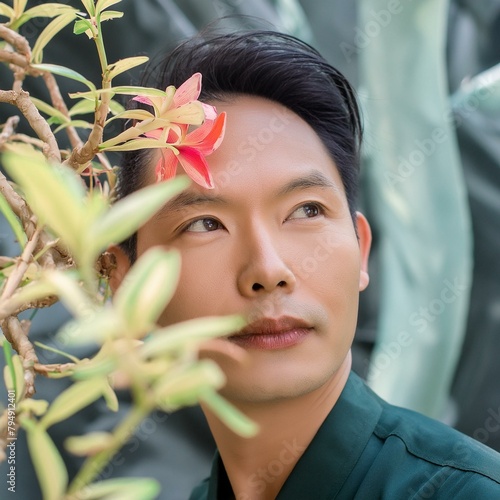 Portrait of a beautiful Asian man posing in nature with flowers