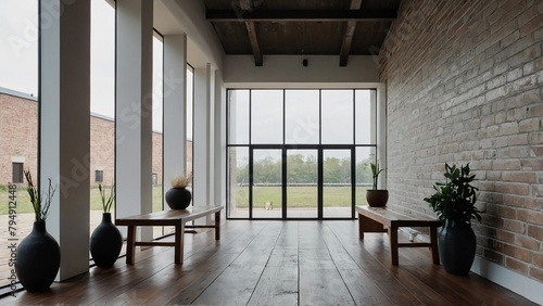 interior of a house,A spacious room with wooden floors, brick walls, and large windows. There are two wooden benches and three vases placed on the floor. © Khawar Mukhtiar