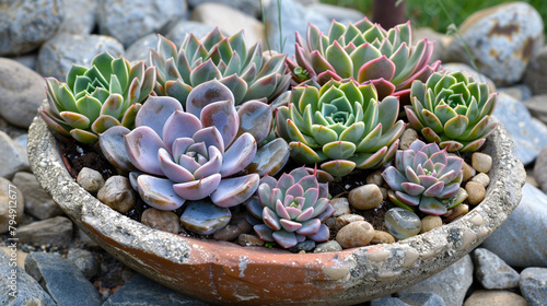 An elegant arrangement of Echeveria plants in a decorative planter, with their striking geometric rosettes and pastel-colored leaves creating a visually pleasing display against photo