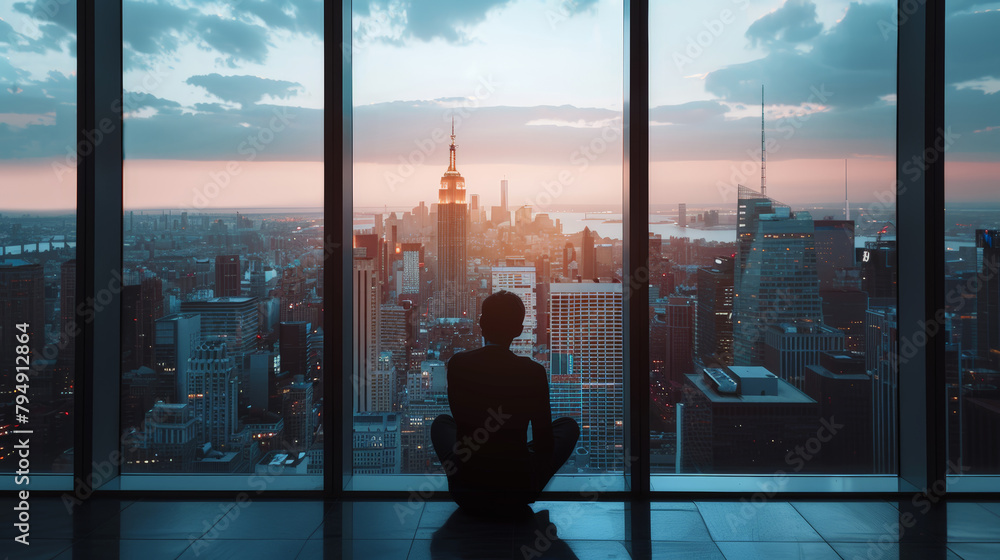 A man sits in a window looking out at the city A man sits in a window looking out at the city