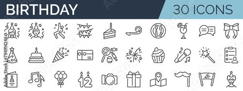 Set of 30 outline icons related to birthday. Linear icon collection. Editable stroke. Vector illustration