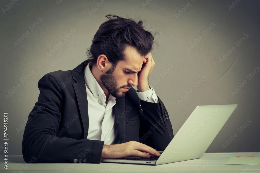 Businessman sitting at the desk and working on laptop, with his hand holding his head. A business man at a office desk looking at the project on computer,hands on the head Businessman sitting at the desk and working on laptop, with his hand holding his head. A business man at a office desk looking at the project on computer,hands on the head