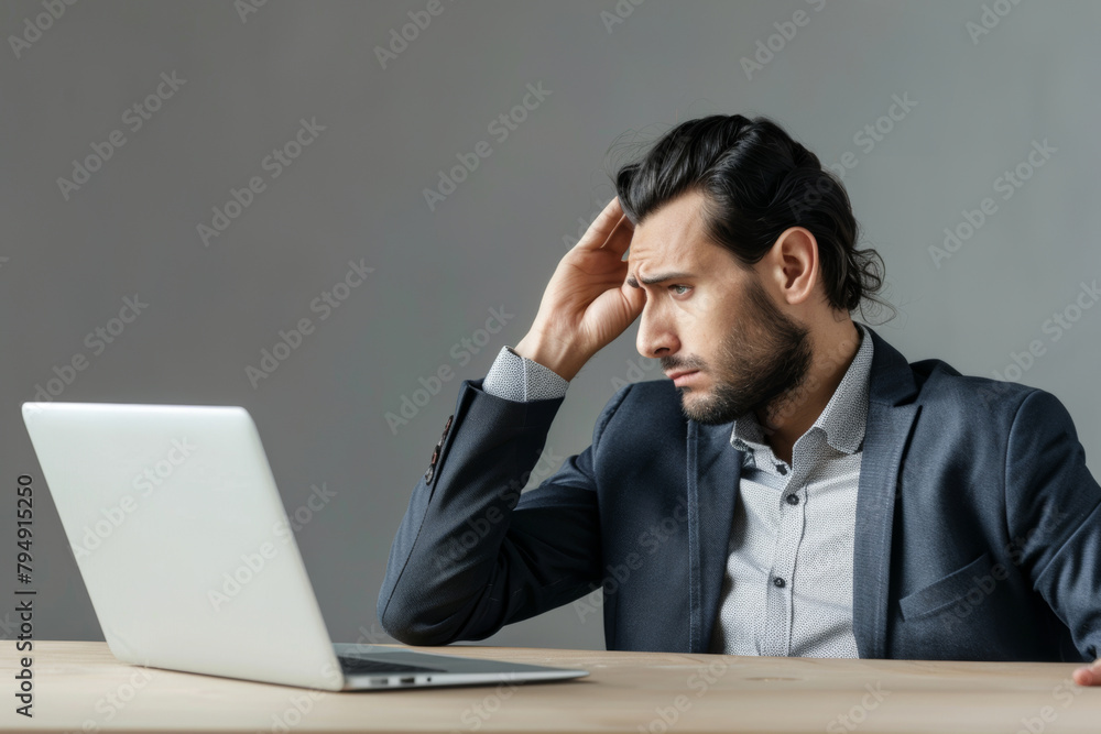 Businessman sitting at the desk and working on laptop, with his hand holding his head. A business man at a office desk looking at the project on computer,hands on the head Businessman sitting at the desk and working on laptop, with his hand holding his head. A business man at a office desk looking at the project on computer,hands on the head
