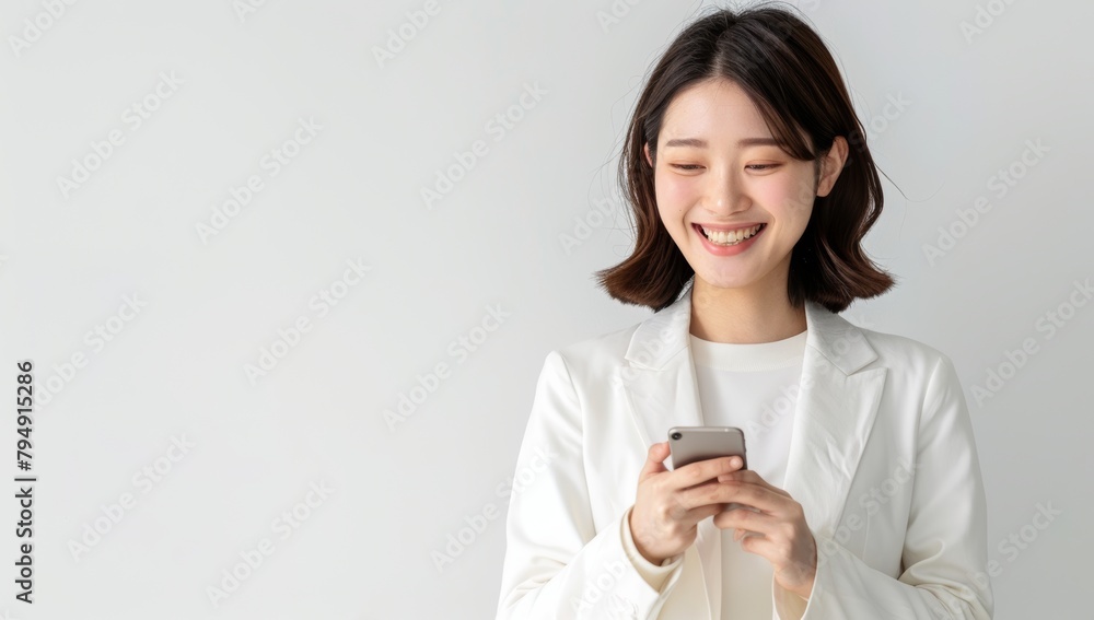 A smiling Japanese business woman holding her smartphone. asian businesswoman on white background A smiling Japanese business woman holding her smartphone. asian businesswoman on white background