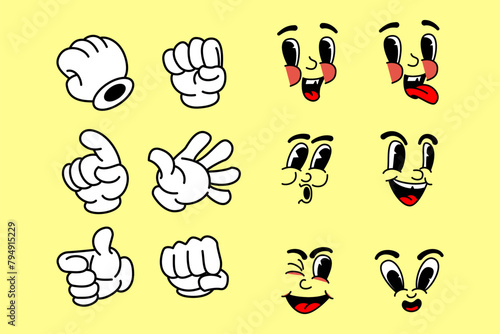Vector set with cartoon retro mascot mascot monochrome illustrations. Vintage style 30s, 40s, 50s cartoon style