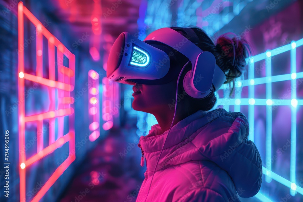 woman using virtual reality glasses woman using virtual reality glasses