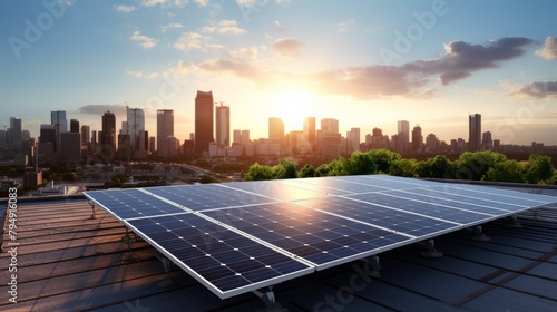 A photo of a solar panel array on a rooftop, with the city skyline in the background. photo