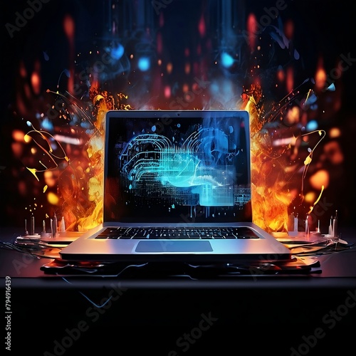 digital painting of a laptop as a conductors podium screen ablaze with code and data streams symbols