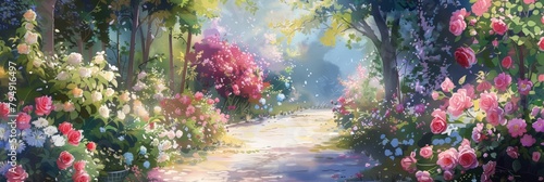 An old garden path lined with blooming roses, each a perfect splash of watercolor, kawaii, bright water color