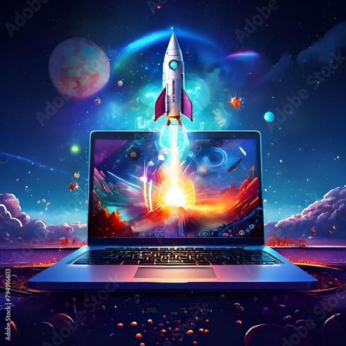 dynamic digital painting featuring a laptop with a glowing virtual screen showcasing a rocket ship