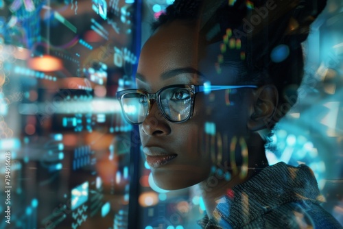 Tech Savvy Woman, DevOps concept, software development, IT operations, agile programming, virtual reality glasses future technology, screen with many graphs and numbers