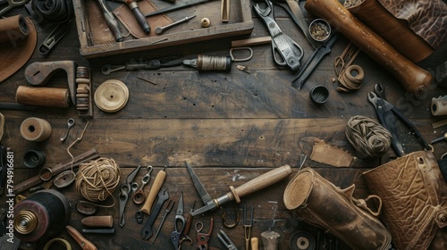 Leather craft equipment on an old wooden table at a cobbler's workplace.AI generated image photo