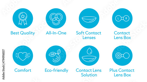 Icon Set Contact Lenses, Contact lens solution, fluid, Vector icon set, line art