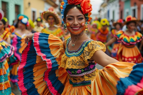 Vibrant Street Festival with Colorful Dancers,Performers,and Festive