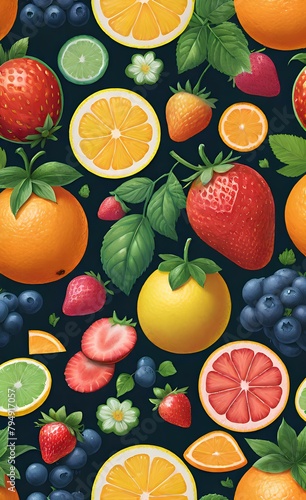 Seamless pattern background of Colorful Fresh Fruits bursting with colorful fresh fruits such oranges  lemons  strawberries  and watermelons.