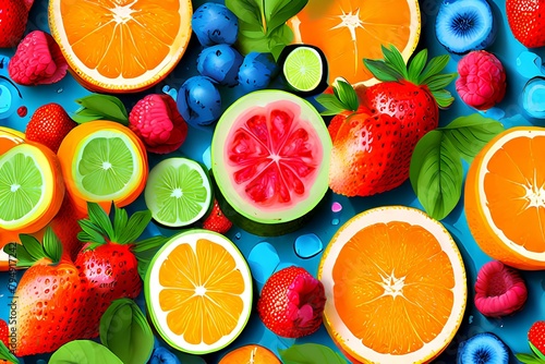 Seamless pattern background of Colorful Fresh Fruits bursting with colorful fresh fruits such oranges  lemons  strawberries  and watermelons.