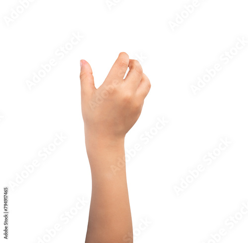 Close-up of child hand holding some like a blank object isolated on a white background © cunaplus