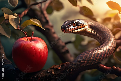 Snake in a apple tree next to a red apple representing original sin. photo