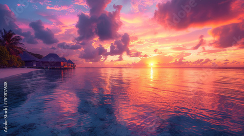 A beautiful sunset over the ocean with a small house in the background