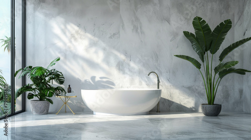 A white bathtub sits in a room with a large window and a potted plant. The room is clean and minimalist, with a focus on the bathtub as the main feature. The potted plant adds a touch of greenery