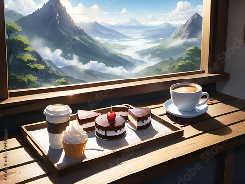 A slice of cake in a wooden tray with coffee at a mountain cafe in the morning with a misty view © Rapeeporn