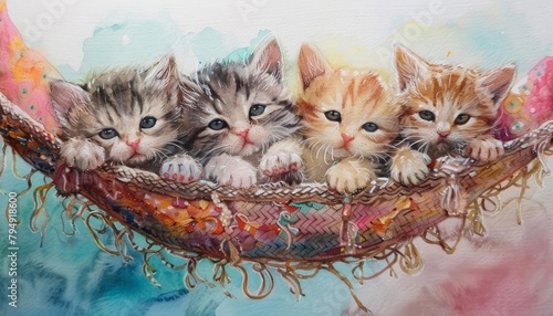 A trio of kitten dolls, each with distinct striped patterns, cuddle together in a cozy, handsewn hammock, kawaii, bright water color photo