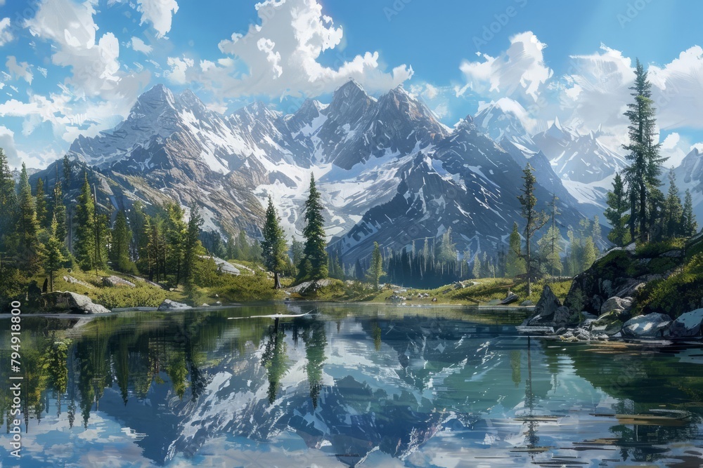 A mountain lake, mirrorlike and still, reflects the towering pines and skyhigh peaks that surround it, a hidden gem in the wilderness, kawaii, bright water color