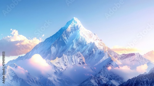 A mountain peak dusted with snow stands majestic against a clear blue sky, its rugged face a challenge to climbers and a feast for the eyes, kawaii, bright water color photo