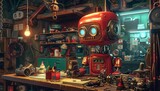 A robot with a glossy, cherryred finish tinkers in a garage, building whimsical gadgets and gizmos from salvaged parts a creative retro cartoon concept