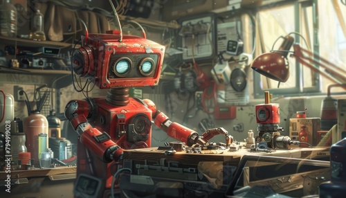 A robot with a glossy, cherryred finish tinkers in a garage, building whimsical gadgets and gizmos from salvaged parts a creative retro cartoon concept photo